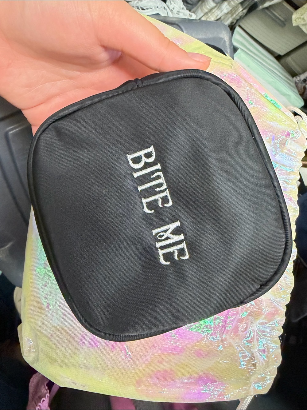 Black 'BITE ME' Embroidered Mini Pouch Villians Double Sided Bad Apple